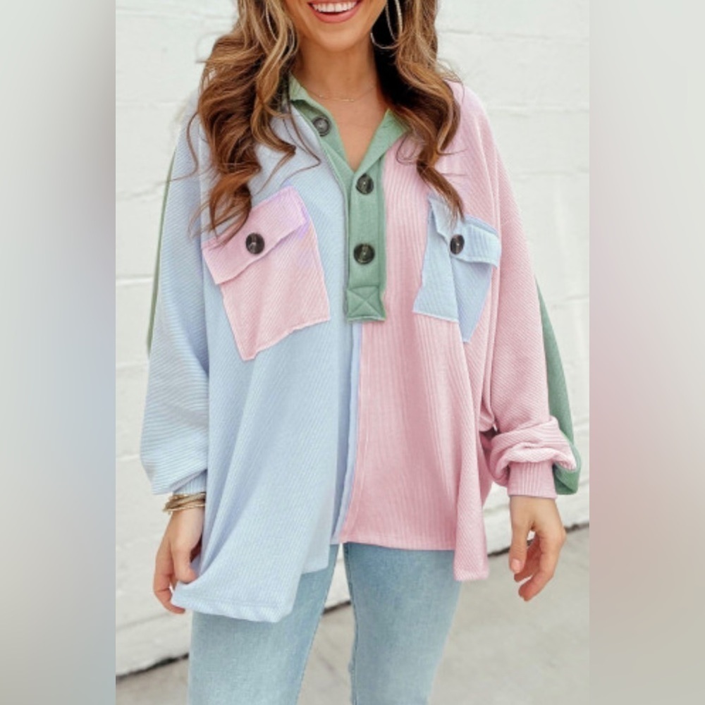 Multicolor Pastel Pink Green Blue Colorblock Patchwork Ribbed Pullover Top